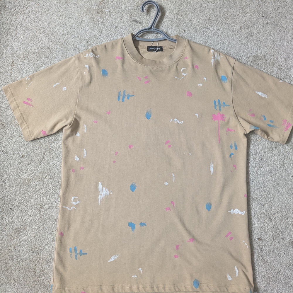 Tan T-Shirt with Abstract Paint Splatter